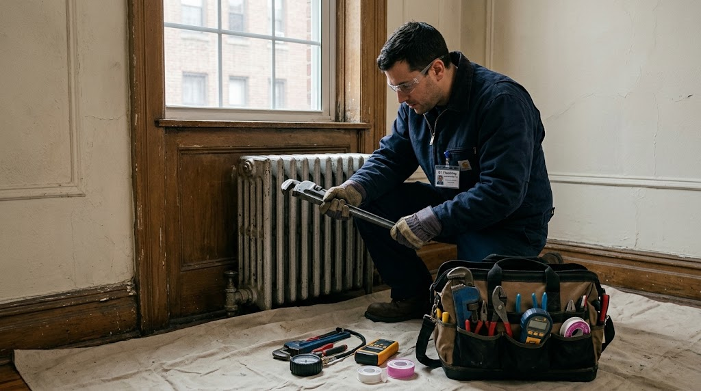 Cast-iron steam heating radiator and brass supply valve being inspected for balance and air vent performance